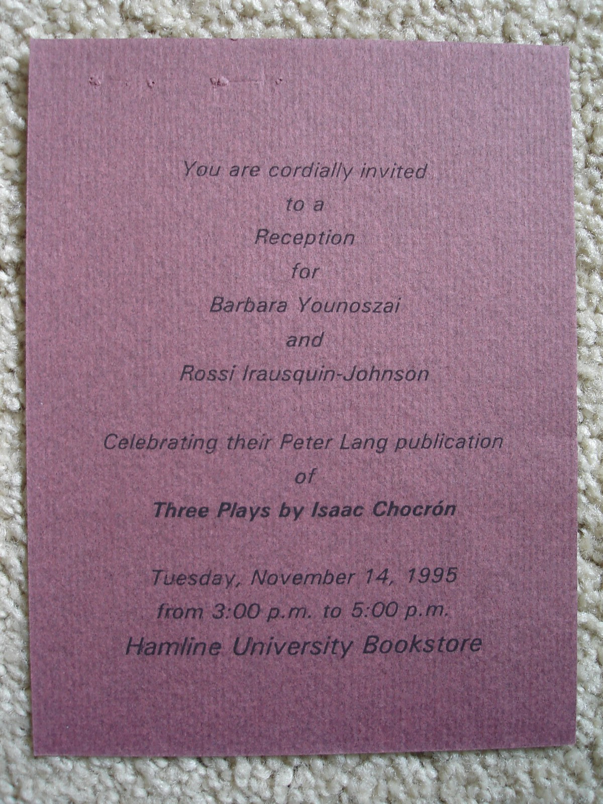 Three Plays by Isaac Chocron Book signed by Author Barbara Younoszai. 1995 Used