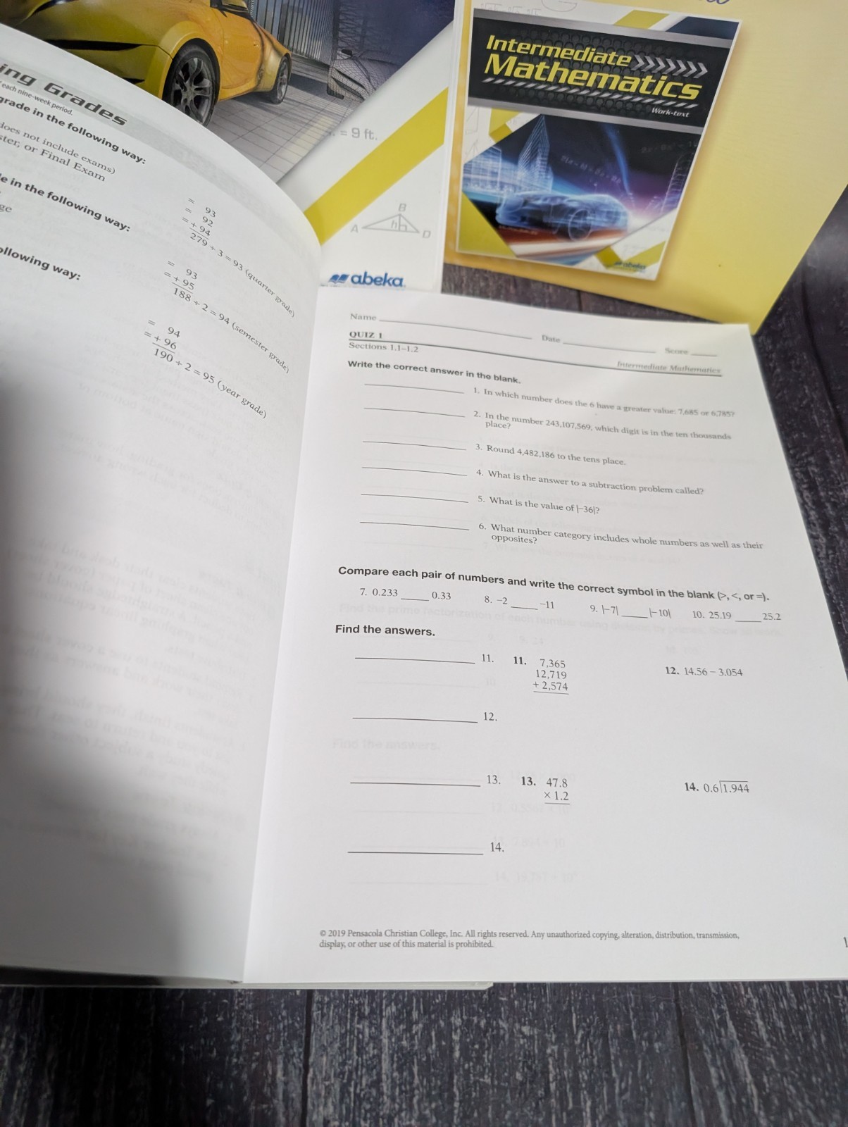 ABeka 7th grade Intermediate Mathematics Book Lot – Video Solution Tests Key
