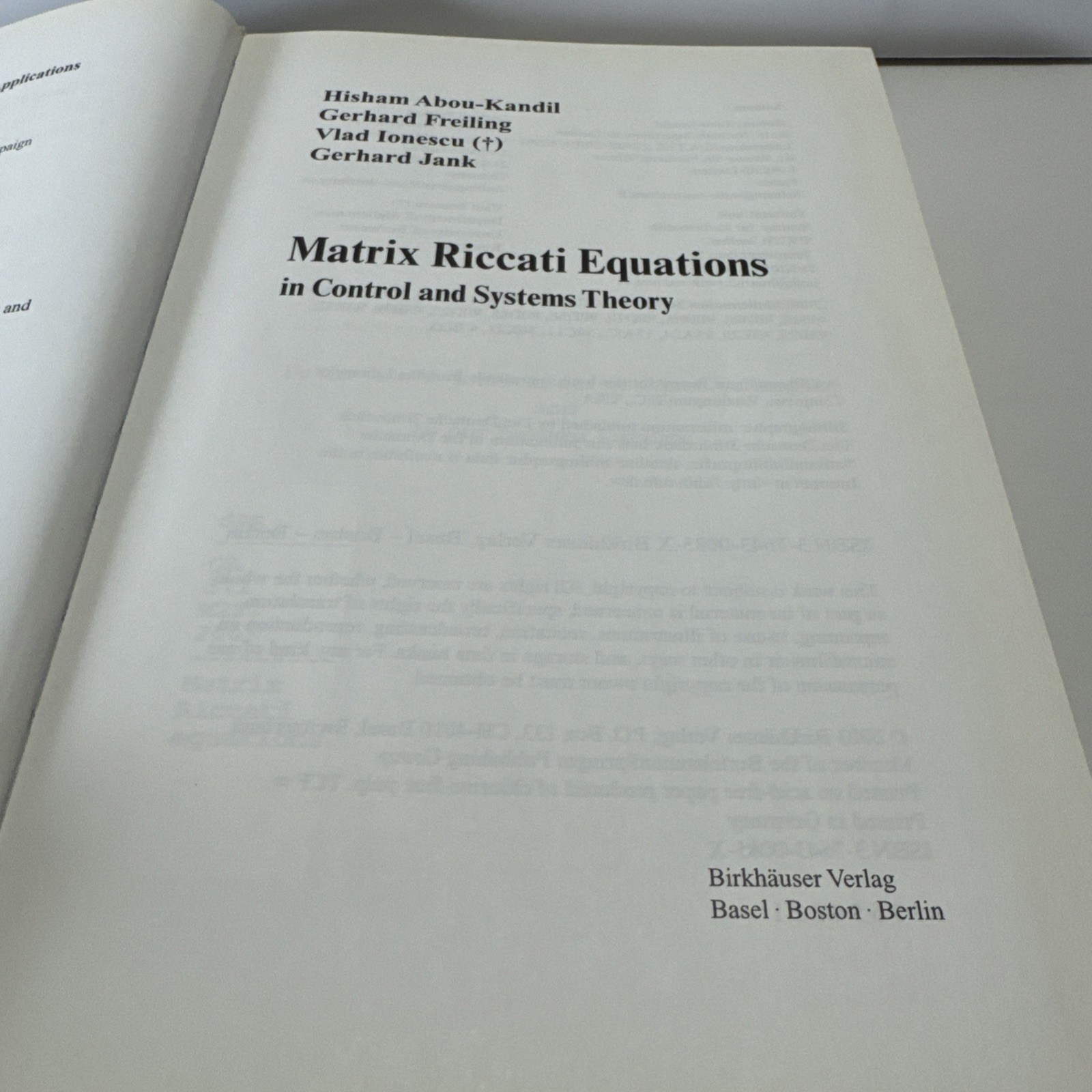 Matrix Riccati Equations in Control and Systems Theory by Hisham Abou-Kandil (En