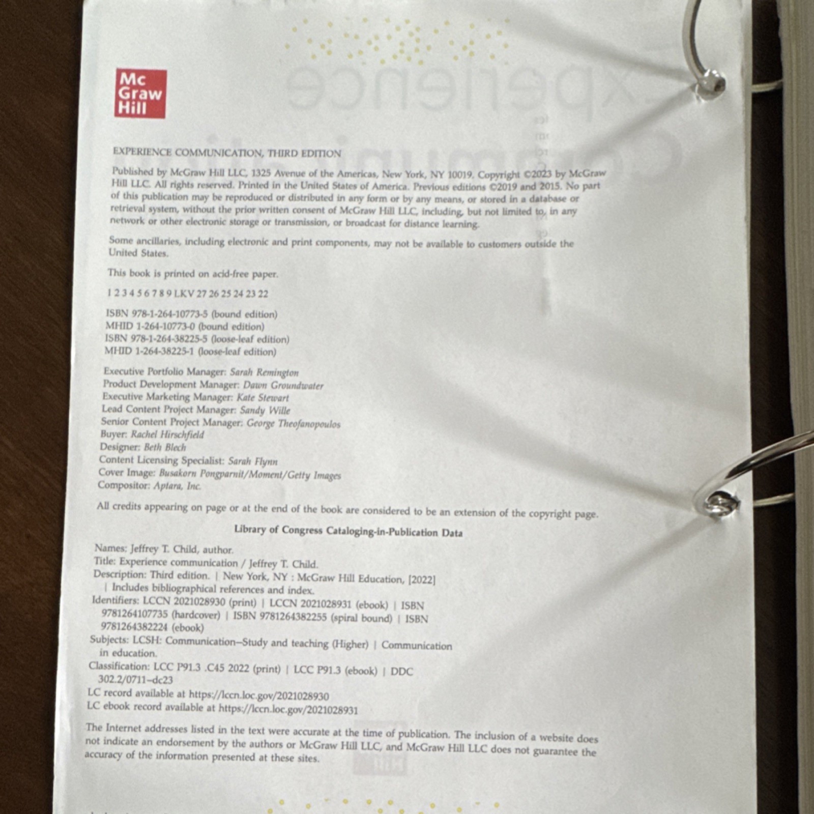 Experience Communication 3rd Ed Ringbound Jeffrey T. Child McGraw Hill 2023