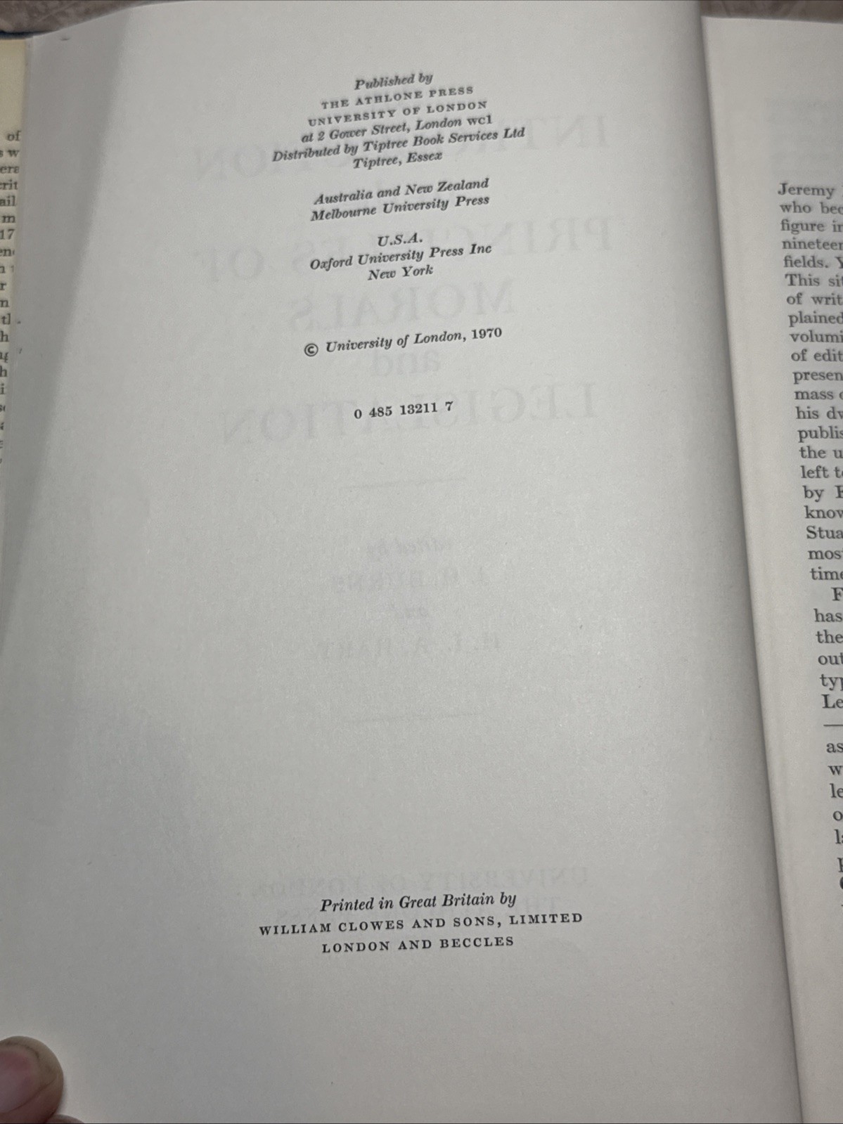Jeremy Bentham 1970 An Intro to the Principles of Morals & Legislation HC DJ