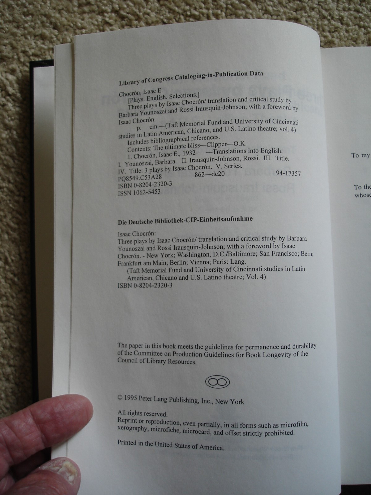 Three Plays by Isaac Chocron Book signed by Author Barbara Younoszai. 1995 Used