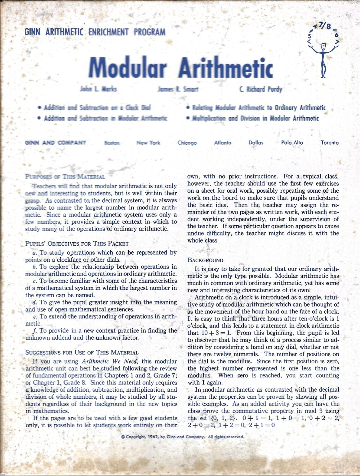 Modular Arithmetic, Ginn Arithmetic Enrichment Program 1962 John Marks Packet
