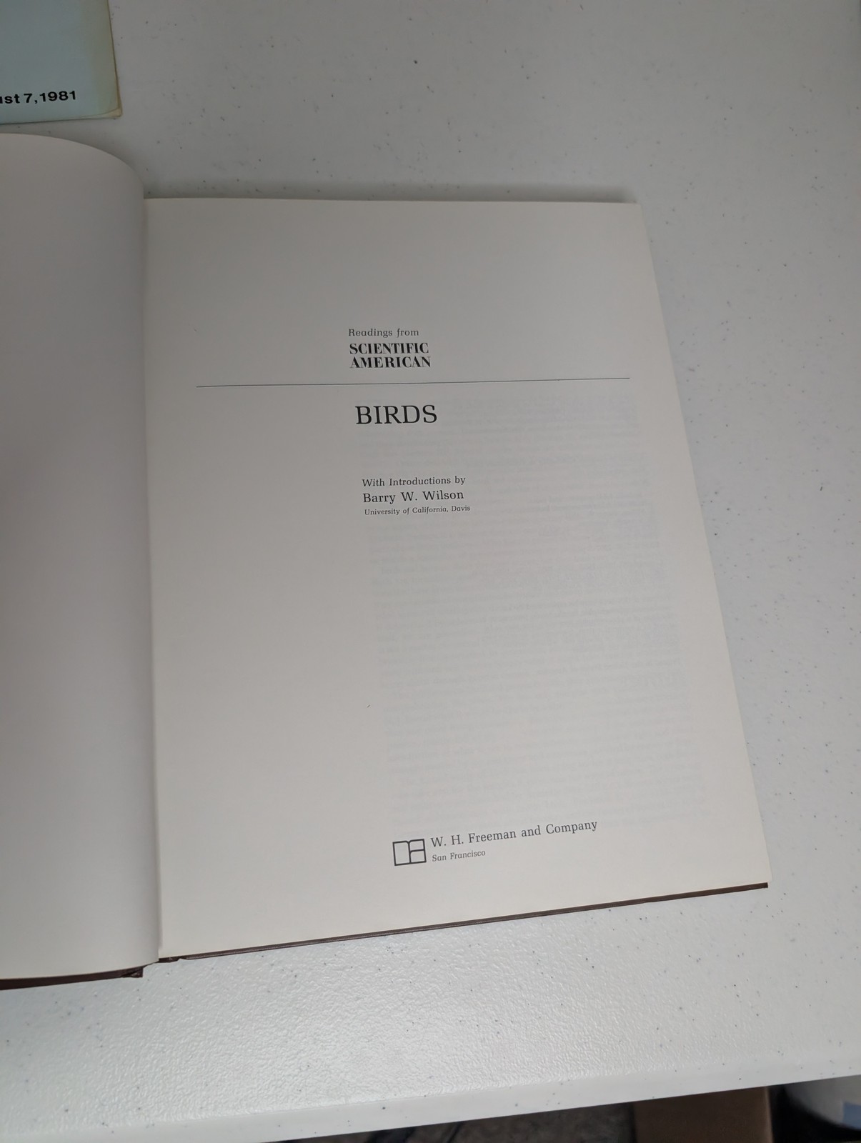 Scientific American Birds Barry W. Wilson Readings Hardcover 1979 Ornithology