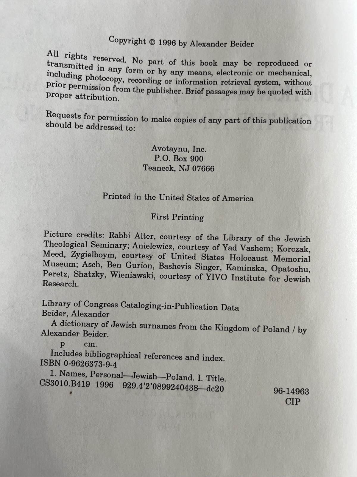 Dictionary of Jewish Surnames from the Kingdom of Poland, Beider HC/DJ 1996