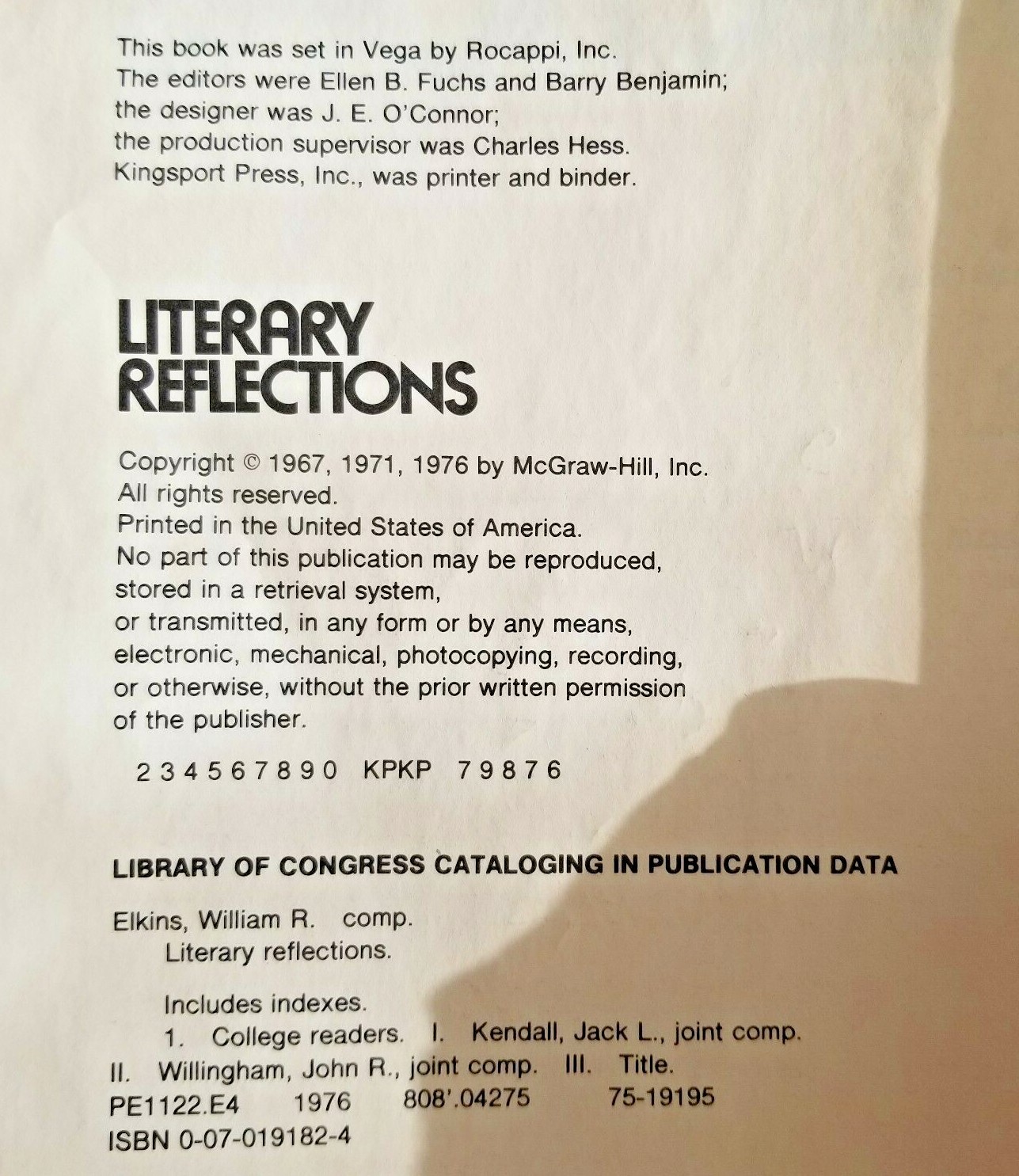 LITERARY REFLECTIONS Book~William R Elkins Jack L Kendall John Willingham (1976)
