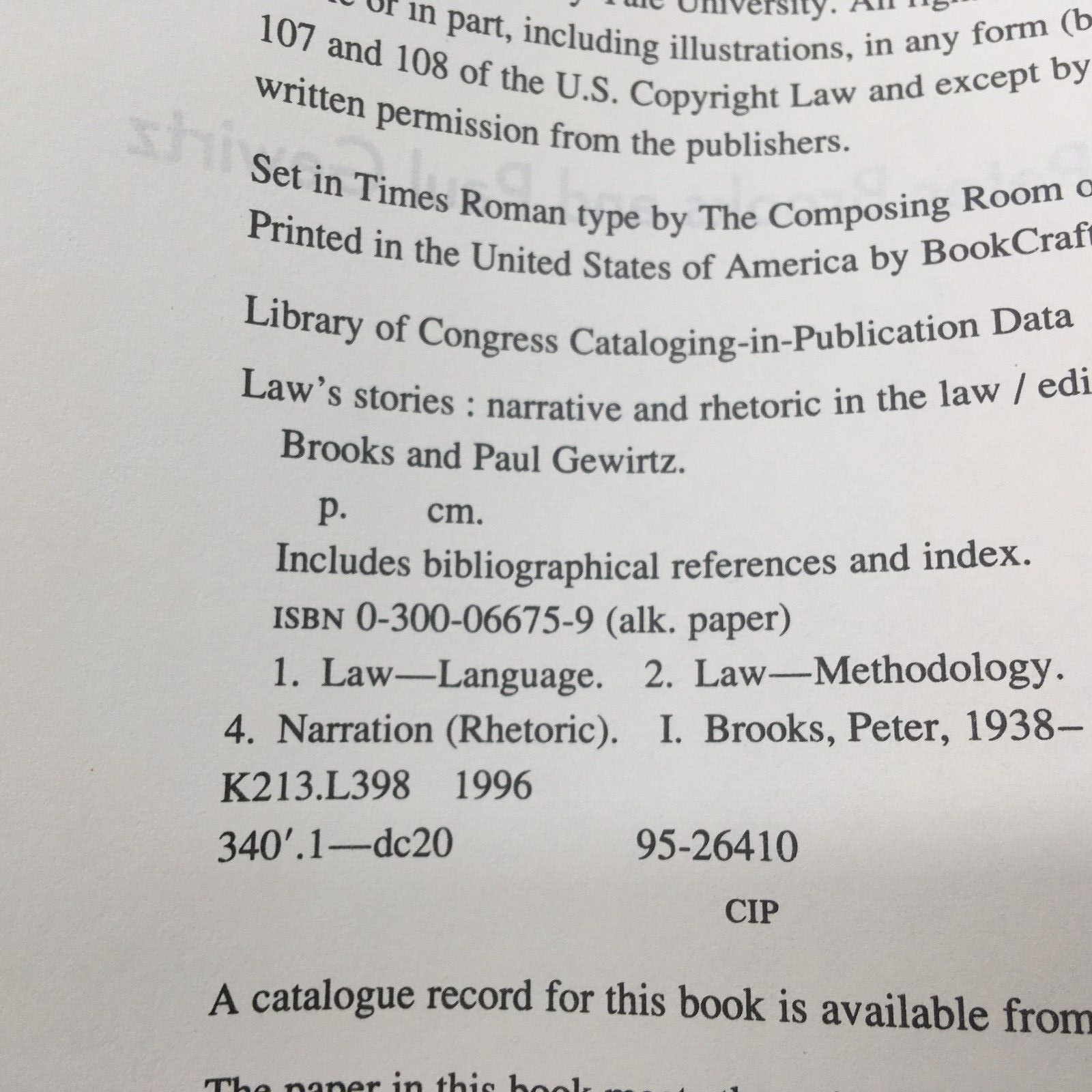 Law’s Stories Narrative and Rhetoric in the Law by Peter Brooks Paul Gewirtz NEW