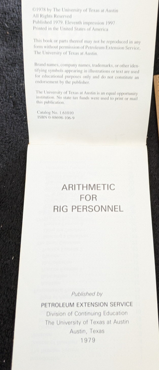 Arithmetic for Rig Personnel 1st Ed. 1979 Oil Petroleum Extension Service Austin