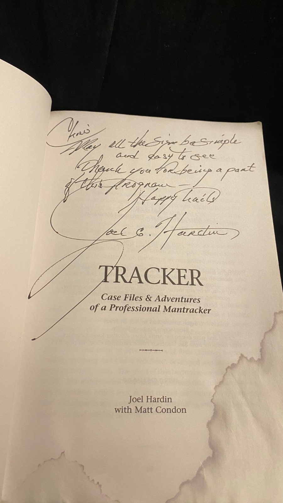 TRACKER… ADVENTURES, PROFESSIONAL MANTRACKER – Joel Hardin 2004 SIGNED 1st Ed