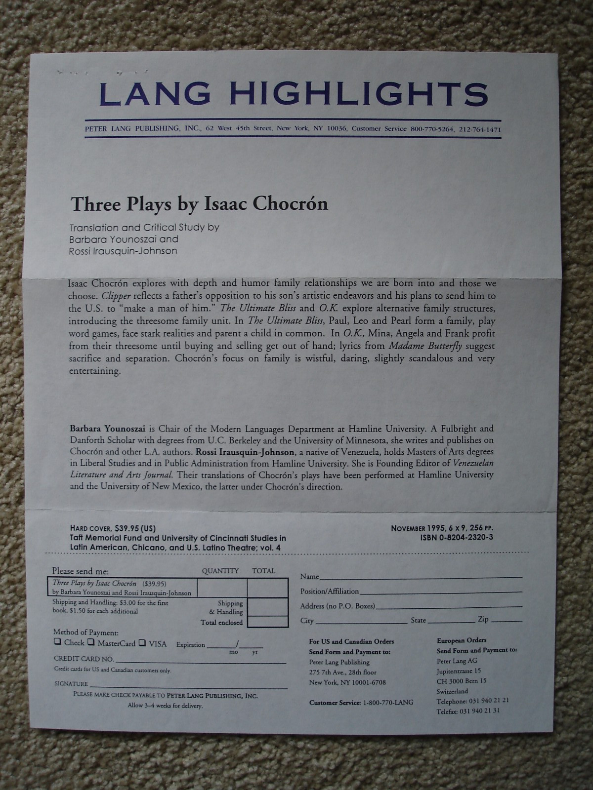 Three Plays by Isaac Chocron Book signed by Author Barbara Younoszai. 1995 Used