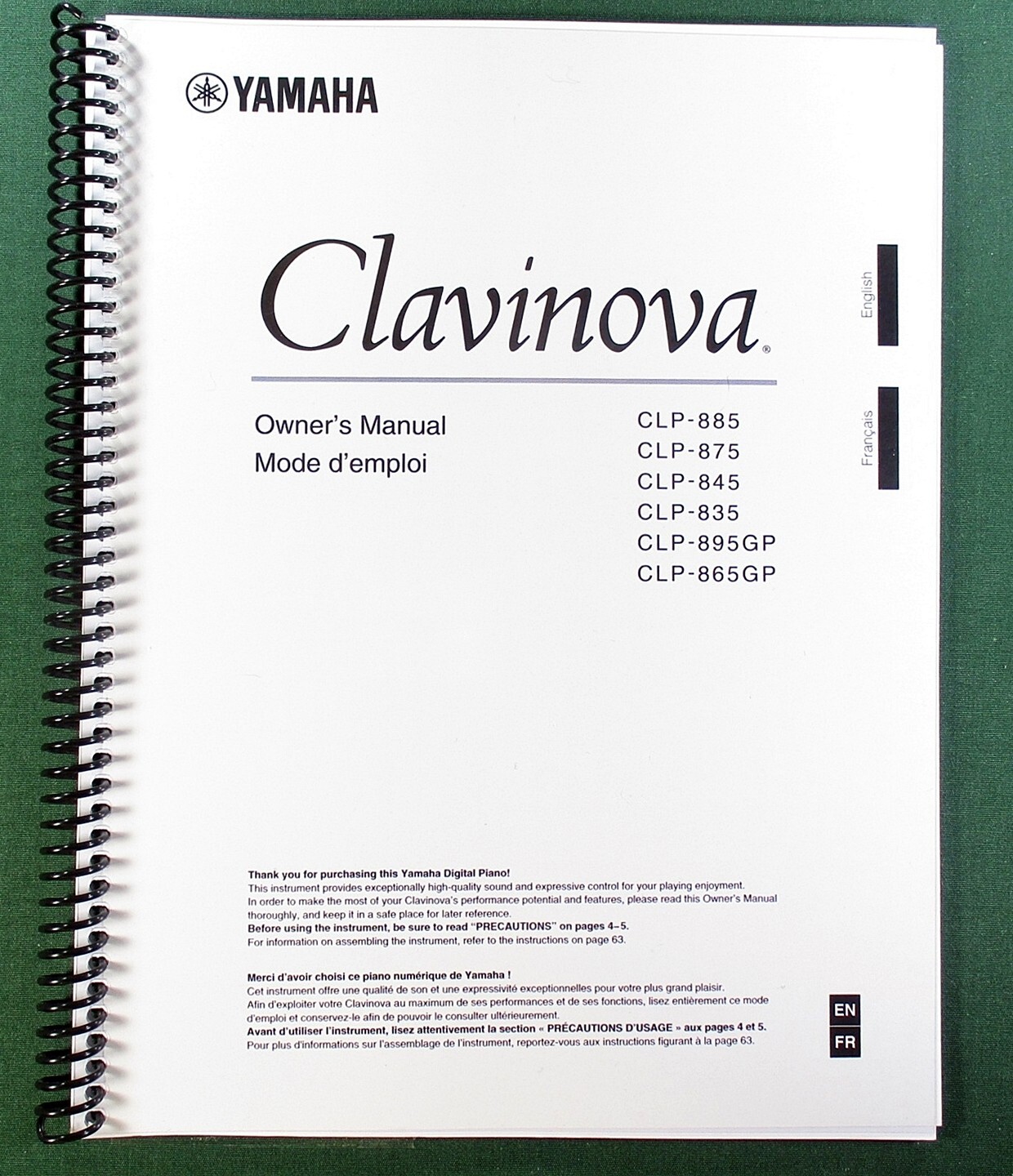 Yamaha CLP-885 CLP-875 CLP-845 CLP-835 Owner’s Manual: 90 Pages & Clear Covers!